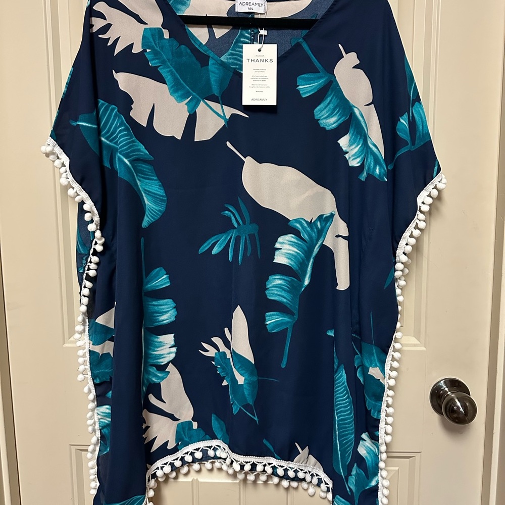 Elegant Navy and Teal Leaf Swim Cover-Up